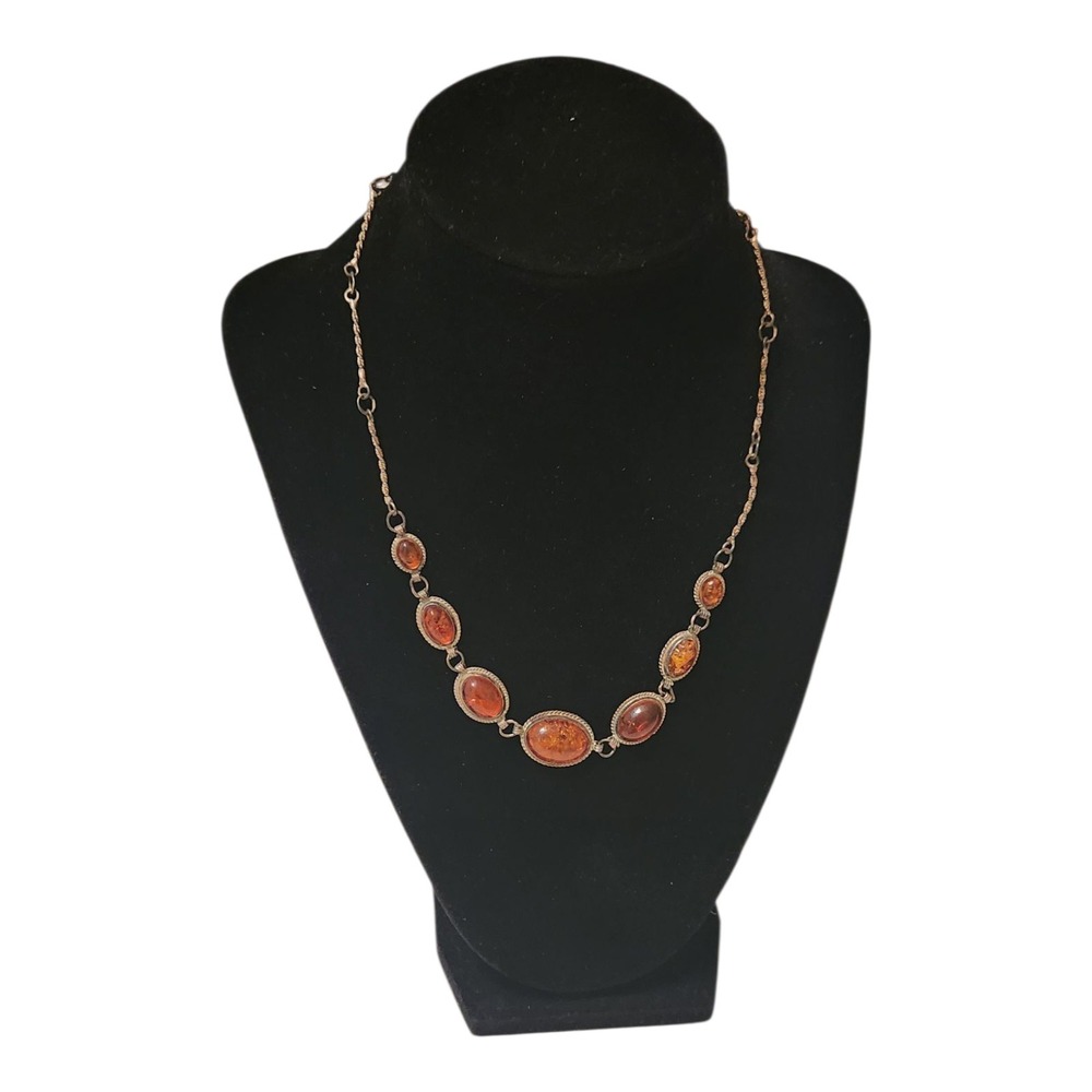 Amber Necklace Sterling Silver Oval Cabochon‎ Gemstone Pendant Jewelry Damaged